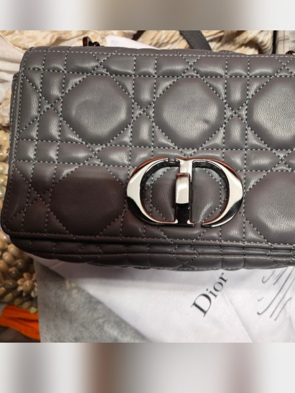 Vintage Gray Quilted Shoulder Bag with Silver Tone Clasp